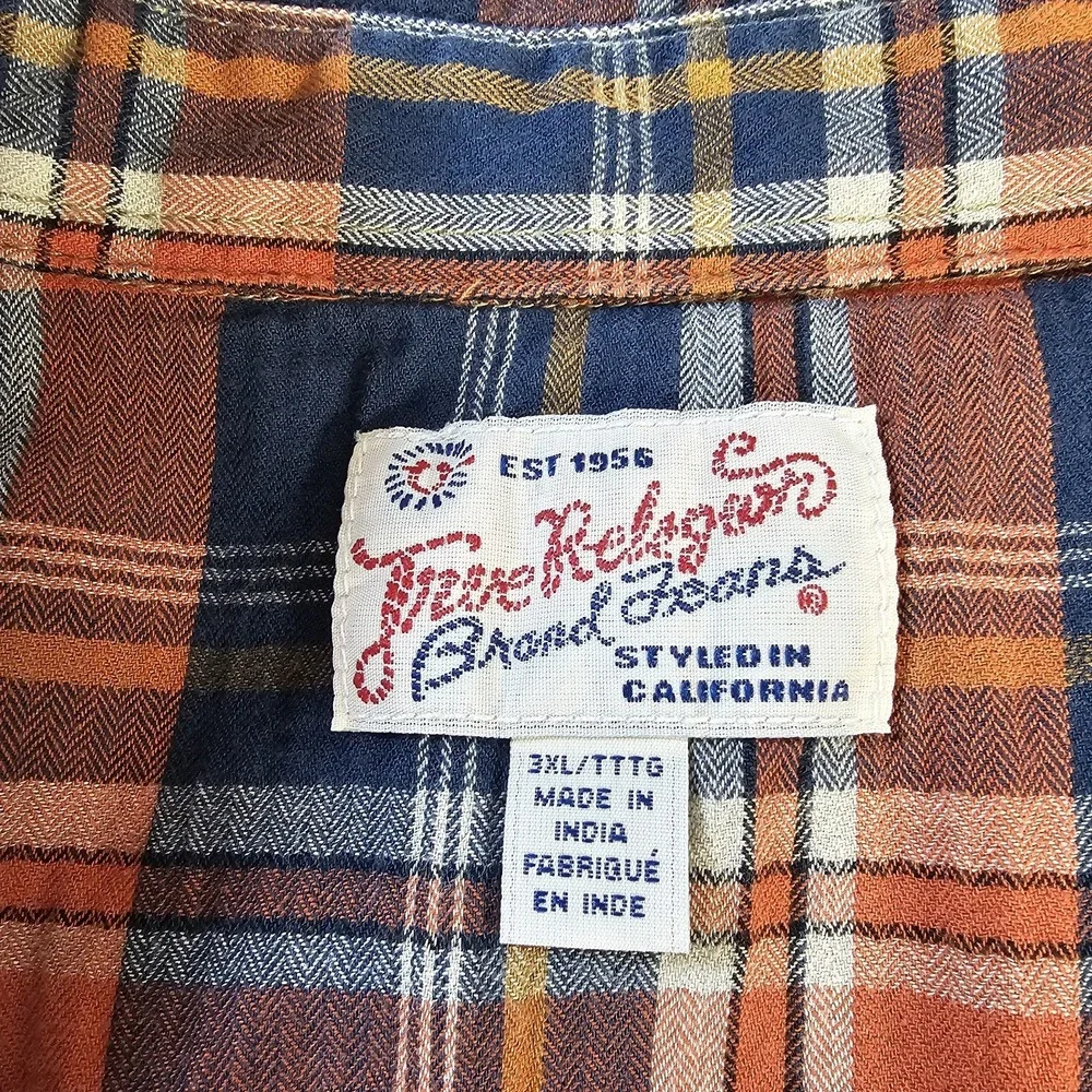 True Religion Mens Large Plaid Western Snap Button Cowboy Shirt Navy Orange EUC